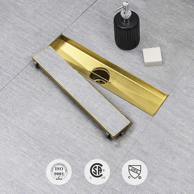 SaniteModar Linear Shower Drain 12 inch Brushed Gold with Tile Insert Panel | AISI 304 Stainless Steel Brushed Gold Linear Dain Rectangle Shower Floor Drain with Hair Strainer and Leveling Feet