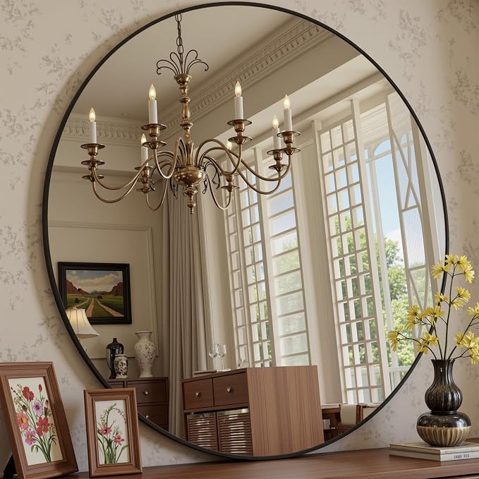 Antok 36 Inch Round Mirror for Wall, Round Bathroom Mirror, Circle Wall Mirrors with Black Metal Frame, Circle Mirrors Suitable for Wall, Bathroom, Vanity, Living Room, Entryway