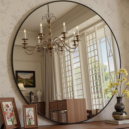 Antok 36 Inch Round Mirror for Wall, Round Bathroom Mirror, Circle Wall Mirrors with Black Metal Frame, Circle Mirrors Suitable for Wall, Bathroom, Vanity, Living Room, Entryway