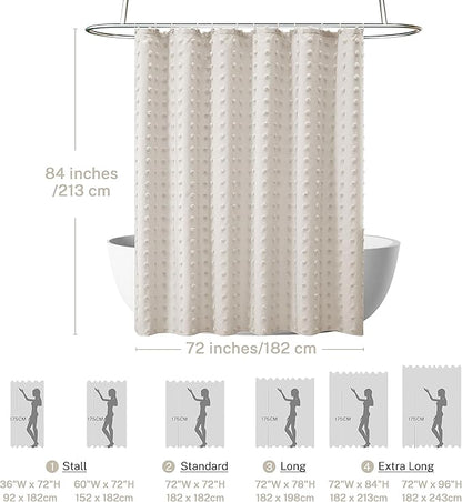 Extra Long Boho Farmhouse Shower Curtain - Woven Fabric Beige 84 Inch, 72 x 84 Tufted Pleat Floral Puffs Textured Modern Farmhouse Minimalist Shower Curtain with Hooks for Bathroom