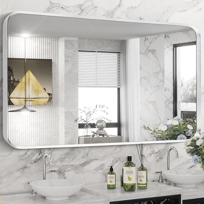 Silver Bathroom Mirror 28x60in, Metal Framed Rounded Rectangle | Tempered Glass, Shatter Proof, Anti-Rust Frame, Hangs Horizontal or Vertical