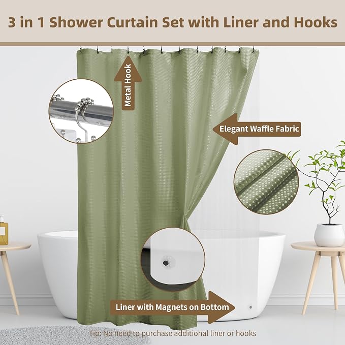 Siiluminisoy Shower Curtain and Liner Set, Waffle Shower Curtain Set with 12 Stainless Steel Hooks, Waterproof Luxury Fabric Shower Curtains for Bathroom and Hotel, Sage Green, 72" W x 72" H