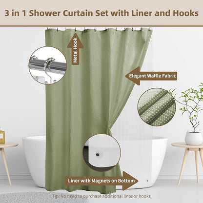 Siiluminisoy Shower Curtain and Liner Set, Waffle Shower Curtain Set with 12 Stainless Steel Hooks, Waterproof Luxury Fabric Shower Curtains for Bathroom and Hotel, Sage Green, 72" W x 72" H