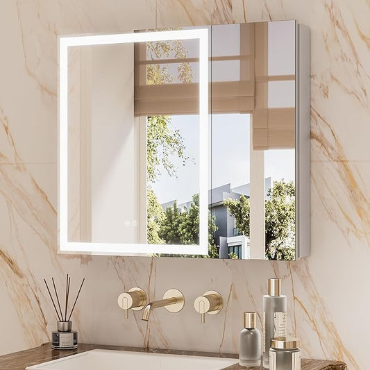 TETOTE 30 x 26 LED Lighted Medicine Cabinet with Mirror with Adjustable Shelves, Silver Aluminum Cabinet, Anti-Fog Stepless Dimmable 3 Colors White/Warm/Natural, Easy to Install(Wall Mount/Recessed)