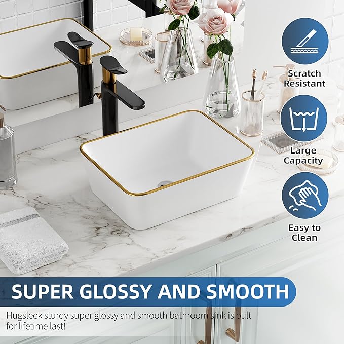 Bathroom Vessel Sink Rectangle, Hugsleek 16 x 12 inch White Porcelain Ceramic Vessel Sink with Gold Rim Above Counter Rectangular Bath Sink Bowl Basin Lavatory Vanity Sinks Restroom Countertop