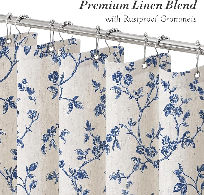 MitoVilla Navy Blue Linen Floral Shower Curtain for Bathroom, 72 x 72 | Navy Blue BoHo Cottagecore Spring Shower Curtains, Modern Farmhouse Country Plant Leaves Bathroom Décor, 72 x 72