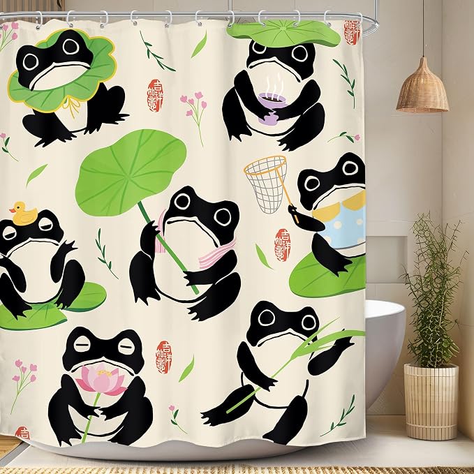 Funny Frog Kids Cartoon Animal Asian Japanese Bathroom Shower Curtain Set | 60Wx71H Traditional Lotus waterproof HD print, quick-dry fabric, and 12 hooks for easy setup