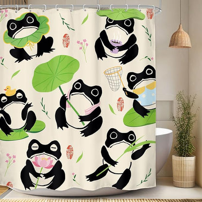 Funny Frog Kids Cartoon Animal Asian Japanese Bathroom Shower Curtain Set | 60Wx71H Traditional Lotus waterproof HD print, quick-dry fabric, and 12 hooks for easy setup