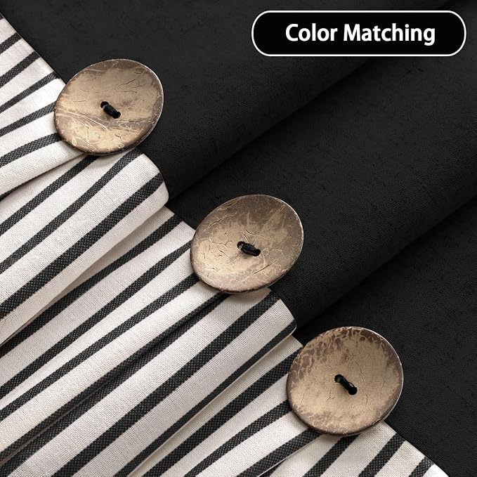 Farmhouse Shower Curtain Button Black-Black Stripe 72" W x 78" L | Farmhouse Style, Chic Button, Striped, Linen Fabric, Rustic, Country, Natural Look, Washable, for Bathroom Bathtub