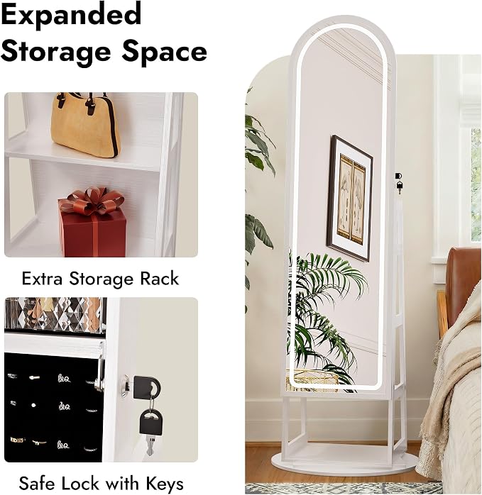 Zamilidon Full Length Mirror LED Lockable White Standing Jewelry Armoire | Secure lock design, multi-layer jewelry compartment, soft dimmable lighting, space-saving floor layout