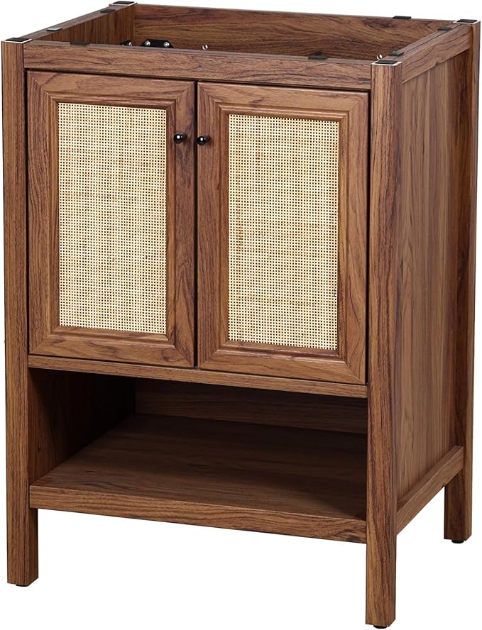 JONATHAN Y VAN1023B Jasper 24 in. W x 18 in. D x 33 in. H Rattan Modern Coastal 2-Shelf Bathroom Vanity Cabinet Only with Soft Closing Doors (Sink Basin Not Included), Walnut