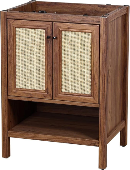 JONATHAN Y VAN1023B Jasper 24 in. W x 18 in. D x 33 in. H Rattan Modern Coastal 2-Shelf Bathroom Vanity Cabinet Only with Soft Closing Doors (Sink Basin Not Included), Walnut