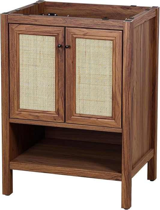 JONATHAN Y VAN1023B Jasper 24 in. W x 18 in. D x 33 in. H Rattan Modern Coastal 2-Shelf Bathroom Vanity Cabinet Only with Soft Closing Doors (Sink Basin Not Included), Walnut