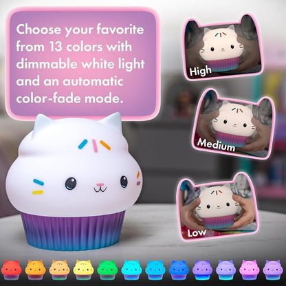 Lights By Night Squish'ems Gabby's Dollhouse Cakey Cat Night Light for Kids | 13 Color Modes and Dimmable Warm White Light for Kids Room, Nursery, and Bedroom, USB Powered with AAA Battery Option