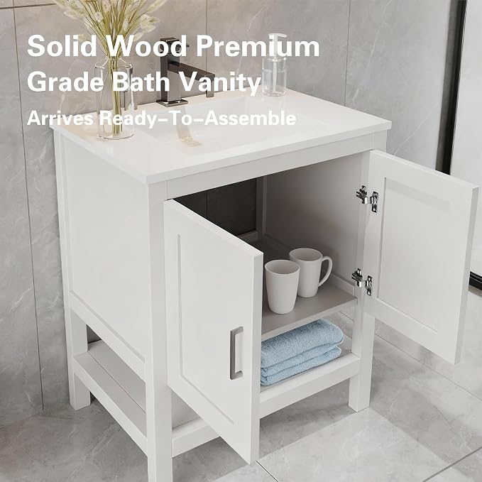 24" White Bathroom Vanity Base Only – Freestanding Solid Wood Sink Cabinet with Open Shelf Storage, Shaker Style Bath Vanity Cabinet, No Top, 36" W x 21" D x 34.5" H