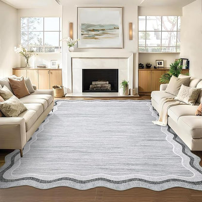 Garvee Scalloped Area Rug 9x12 Large Washable Rug for Living Room Grey | Girls Rug for Bedroom, Non-Slip Soft Carpet for Bedroom, Scalloped Low-Pile Print Accent Rug for Dining Room Home Office