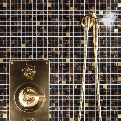 11.5 sq.ft Black Brown Glass Mosaic Tile for Bathroom, Pool, Backsplash | Waterproof Wall & Floor Tile. Heat & frost resistant outdoors. Mesh-mounted easy install. Use any grout. Easy clean. 10pcs.