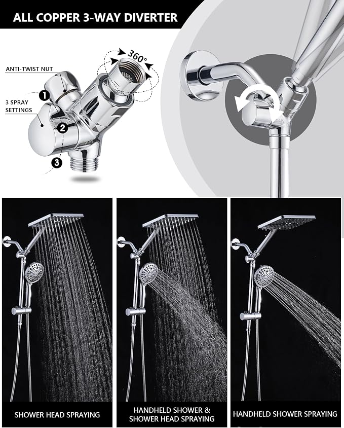 PDPBath High Pressure Rainfall Shower Head with Handheld Combo, Height Adjustable Dual Handheld Shower Head Combo with Slide Bar for Easy Reach, Chrome