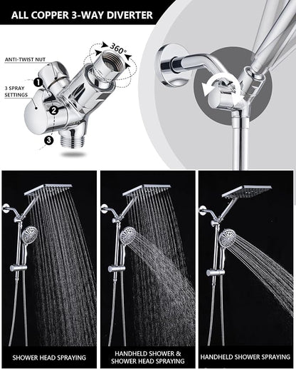 PDPBath High Pressure Rainfall Shower Head with Handheld Combo, Height Adjustable Dual Handheld Shower Head Combo with Slide Bar for Easy Reach, Chrome