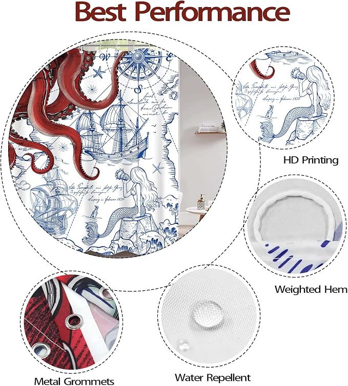 Fungarth Long Red Nautical Octopus Shower Curtain Navy Blue Mermaid Funny Ocean Kraken Shower Curtains for Bathroom Cool Anchor Coastal Map Waterproof Fabric Bath Curtain Decor (Red, 72” x 78”)