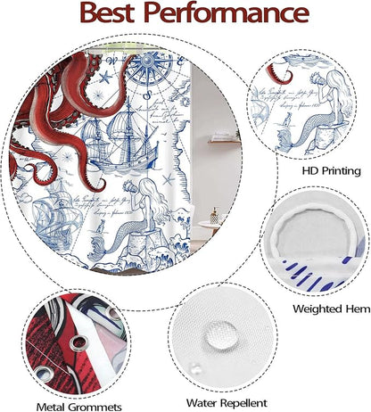 Fungarth Long Red Nautical Octopus Shower Curtain Navy Blue Mermaid Funny Ocean Kraken Shower Curtains for Bathroom Cool Anchor Coastal Map Waterproof Fabric Bath Curtain Decor (Red, 72” x 78”)