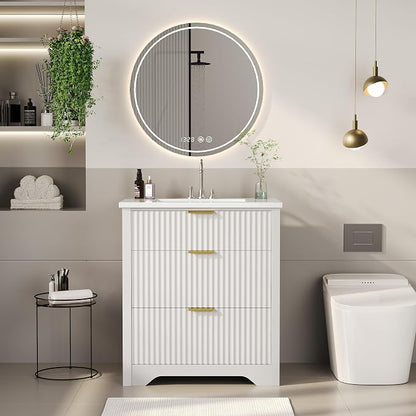 Garvee 30" Fluted Bathroom Vanity with Sink, Farmhouse Freestanding Bathroom Sink Cabinet with 2 Drawers & 1 Flip-Down Drawer, Easy Assembly & Cleaning, White