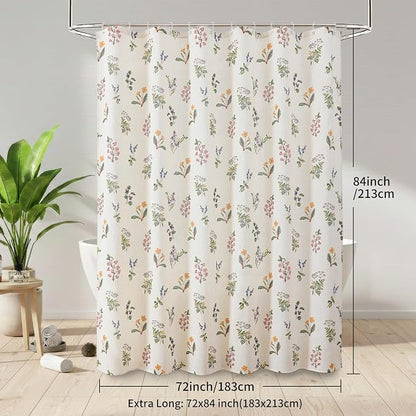 Colorful Star French Country Floral Linen Shower Curtain, 72" W x 84" L | Waterproof Shower Curtain Set with 12 Clear Hooks for Bathroom, Vintage Boho Farmhouse Linen Fabric Bathroom Curtains