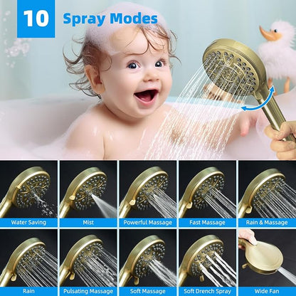 Hibbent 13'' 5-spray Rain Shower Head, 10-Spray Handheld, Brushed Gold | cUPC Certified High Pressure Dual Showerhead Combo, Upgraded Rainfall Shower Head, 12'' Extension Arm, 71'' Hose & Holder