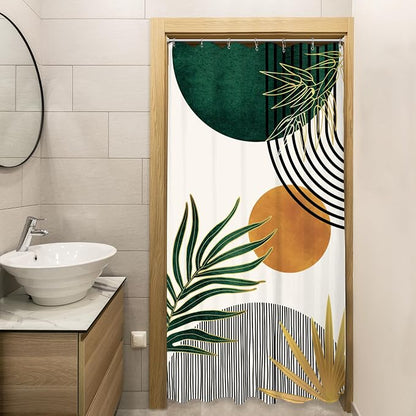 KOMLLEX Small Stall Mid Century Green Boho Half Bathroom Shower Curtain Set | 36Wx72L Abstract S design, waterproof HD print with fast-drying fabric and 12 hooks.