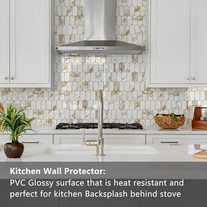Vamos Tile Long Hexagon Peel and Stick Backsplash Tile - 10 Sheets Stick on Backsplash for Kitchen and Bathroom 12.4 x 12 Inch Glossy Pandora Marble with Gold Veining PVC Self Adhesive Wall Tiles