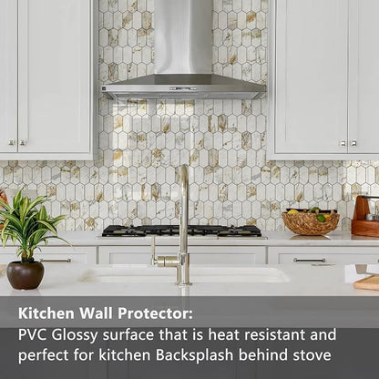 Vamos Tile Long Hexagon Peel and Stick Backsplash Tile - 10 Sheets Stick on Backsplash for Kitchen and Bathroom 12.4 x 12 Inch Glossy Pandora Marble with Gold Veining PVC Self Adhesive Wall Tiles