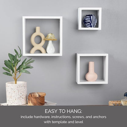 MELANNCO Floating Square Cube Shelves, for Bedroom, Living Room, Bathroom, Kitchen, Nursery, Set of 3, White, 3 Count