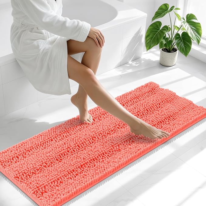 Smiry Thick Chenille Bathroom Runner Rugs 44x24, Absorbent Bath Mat, Coral | Quick‑Dry & Machine Washable, Non‑Slip Bath Carpet, Soft Striped Bath Rugs for Tub & Shower, Modern Home Decor Accessories