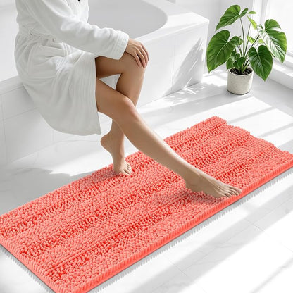 Smiry Thick Chenille Bathroom Runner Rugs 44x24, Absorbent Bath Mat, Coral | Quick‑Dry & Machine Washable, Non‑Slip Bath Carpet, Soft Striped Bath Rugs for Tub & Shower, Modern Home Decor Accessories