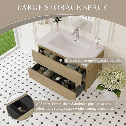 36 Inch Floating Bathroom Vanity with Sink, Large Storage Wall Mounted Floating Vanity with Soft Close Drawers, One-Piece Basin Bathroom Sink Cabinet (Natural Oak, 36")