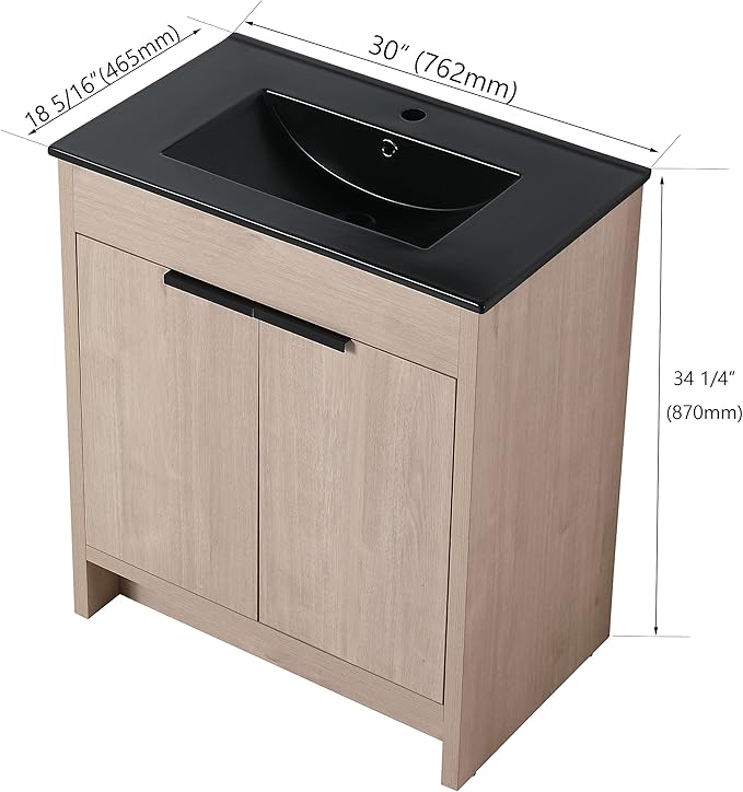 SSLine 30-Inch Bathroom Vanity with Sink Mid-Century Bathroom Vanities with Black Top Basin Floor Wood Bathroom Sink Cabinet with Soft-Close Doors & Adjustable Storage Shelves (Light Oak)