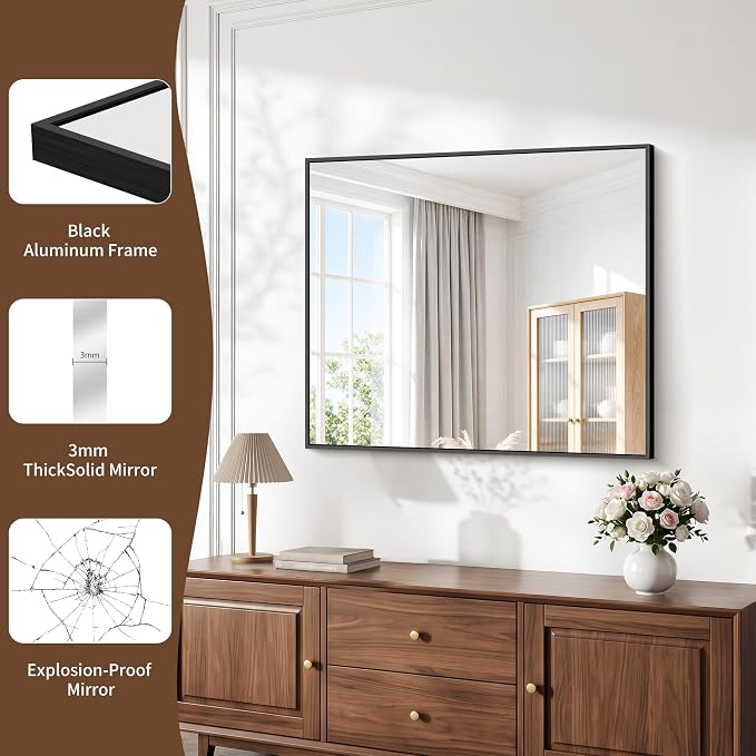 DESBING Black Bathroom Mirror for Wall, 30x36 Inch Rectangle Mirrors with Metal Frame, Modern Vanity Wall Mirror Decor for Entryway Hangs, Bathroom Living Room Horizontal or Vertical