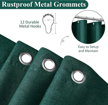 Dark Green Linen Shower Curtain, Country Boho Farmhouse Bath Decor Shower Curtains Neutral Cloth Weighted Textured Fabric Bath Curtain Liner with Hooks, 72x72