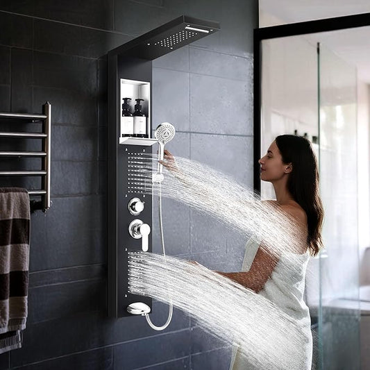 Shower Panel System, Multi-Function Shower Tower With 4 Body Spray, 5 Handheld Settings, Shelf & Adjustable Height, Rainfall + Waterfall Shower Head, Rain Massage Spa System