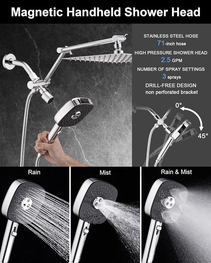 10" Rainfall Shower Head with Handheld Combo, High Pressure Dual Showerhead with Square Rain& Magnetic Hand Sprayer, 15" Adjustable Metal Extension Arm (Chrome)