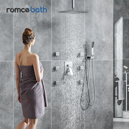Rain Shower System With Complete 6 Pcs Body Sprays Jets And Pressured Balance Rough-in Valve,12Inch Rainfall Shower Head And Handheld, Modern Brushed Nickel Ceiling Mount Shower Faucet Sets