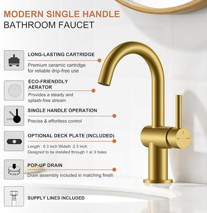 Brushed Gold Single Handle Bathroom Faucet, Single Hole Vanity Faucet | Bathroom Sink Faucet with Pop Up Drain & 6 Inch Deck Plate, Lead-Free cUPC & NSF Certified, 1 Handle Faucet for Vanity RV Bar