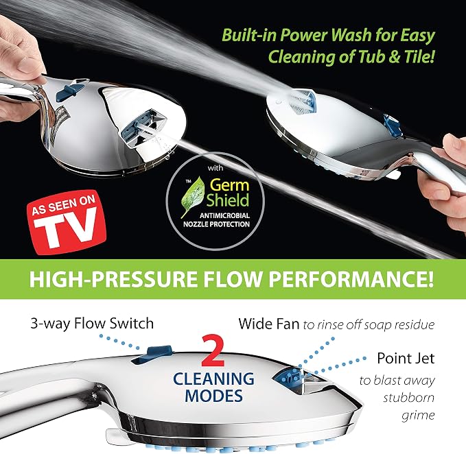 AquaCare 50-mode High Pressure 7 inch Shower Head Combo w/Dual Power Wash | Hygienic Jets, 2-mode Handheld Power Wash for Tub, Tile & Pets, Long 6 ft. Stainless Steel Hose, Extra Wall Bracket / Chrome