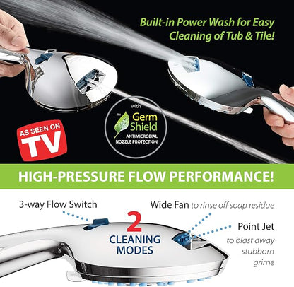 AquaCare 50-mode High Pressure 7 inch Shower Head Combo w/Dual Power Wash | Hygienic Jets, 2-mode Handheld Power Wash for Tub, Tile & Pets, Long 6 ft. Stainless Steel Hose, Extra Wall Bracket / Chrome