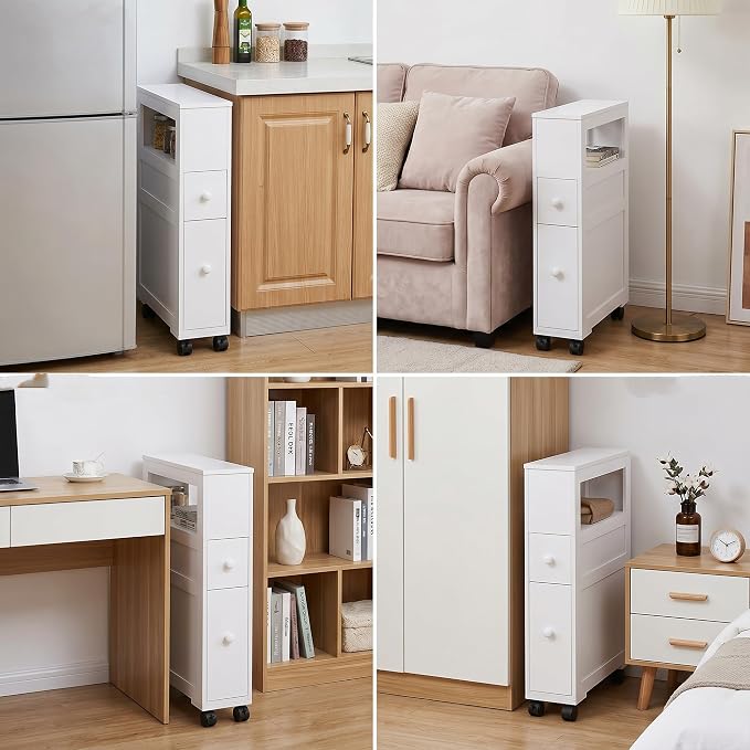 HOMCOM 6.25" x 20.5" x 28.25" Wood Rolling Narrow Bathroom Side Storage Cabinet - White