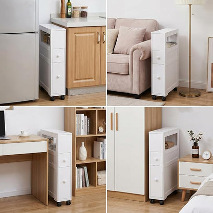HOMCOM 6.25" x 20.5" x 28.25" Wood Rolling Narrow Bathroom Side Storage Cabinet - White