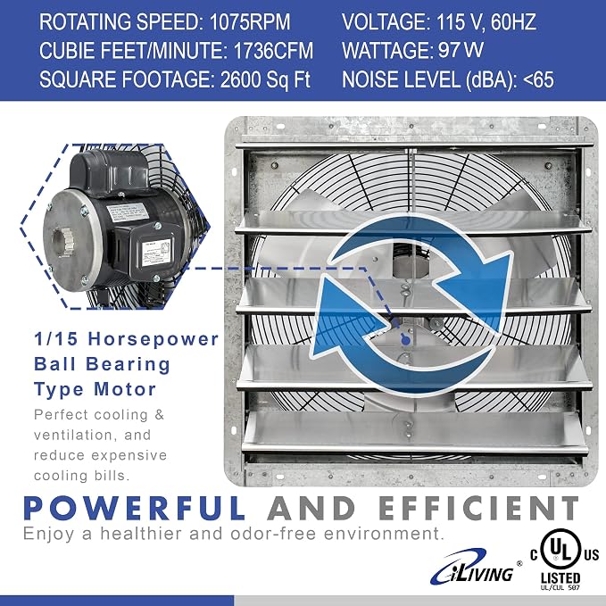 iLiving 20" & 18" Wall Mounted Shutter Exhaust Fans, Automatic Shutter, Thermostat & Variable Speed Controller