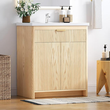 Bathroom Vanity with Sink, 32 Inch Single Bathroom Vanity with Sink with Storage Cabinet for Small Space, Freestanding Storage Bathroom Vanity with 2 Soft Closing Cabinets, Nature Wood