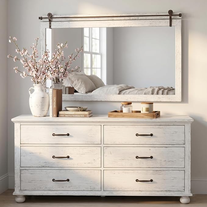 27"x49" Whitewashed Coastal Barn Door Wall Mirror with Wood Header | 100% solid wood, HD tempered glass, bronze-tone iron rail; large coastal farmhouse mirror for double vanity, mantel, entryway