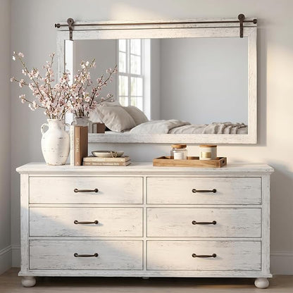 27"x49" Whitewashed Coastal Barn Door Wall Mirror with Wood Header | 100% solid wood, HD tempered glass, bronze-tone iron rail; large coastal farmhouse mirror for double vanity, mantel, entryway